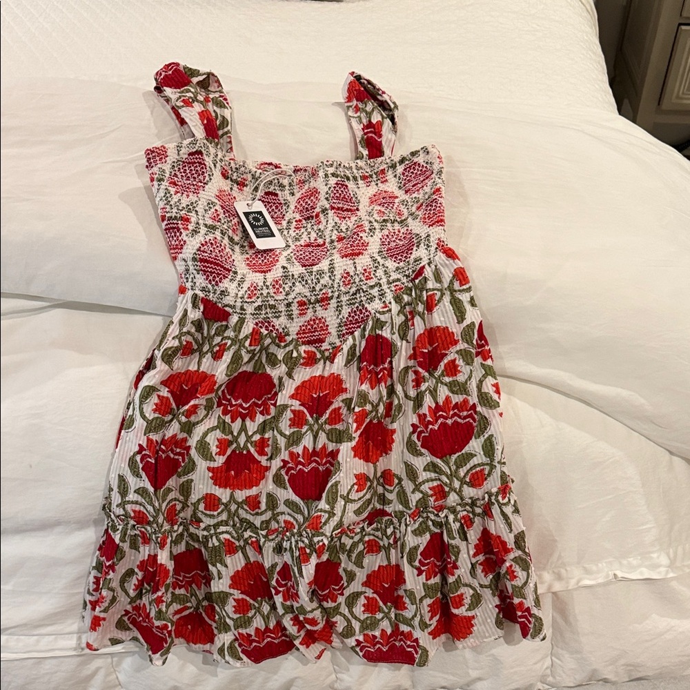 SAYLOR Red Floral Smocked Mini Dress with Green Leaves